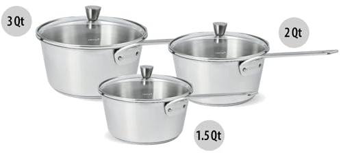 Cristel 1826 Collection 3-teiliges Kochtopf-Set, hergestellt in Frankreich, 18/10 Edelstahl, 3-lagige Konstruktion, doppelt genieteter fester Griff, ofen- und spülmaschinenfest