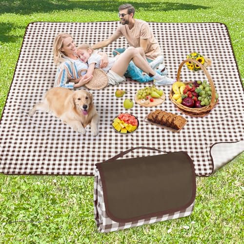 Anyiner Picknickdecke 200x200 cm, Sandfest Stranddecke Wasserdicht Campingdecke, Waschbar Leichtgewicht mit Tragegriff, Ideal für Outdoor, Camping, Strand & Familienpicknick (Braun Kariert)