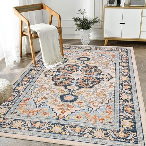 U'Artlines Boho-Vintage-Teppich, maschinenwaschbar, niedriger Flor, weicher Bodenteppich, rutschfest, fusselfrei, Akzentteppich für Wohnzimmer, Schlafzimmer, Eingangsbereich, Esszimmer, Büro, Orange /