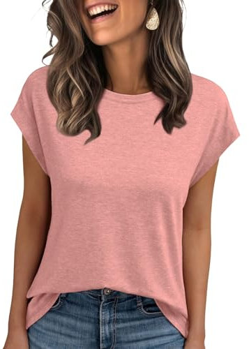 AirMood Lässiges Basic-T-Shirt für Damen, elegant, lockere Passform, Rundhalsausschnitt, Flügelärmel, Rose, Small