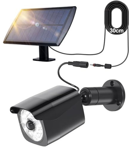 DewinLVD Solarlampen für Außen mit Bewegungsmelder LED Solarleuchten mit Kamera Attrappe Außen 360° drehbarer Sockel 180° drehbares Solarpanel 5V/1.5W 2200mAh IP65 Schwarz (Verlängerungskabel 3m)