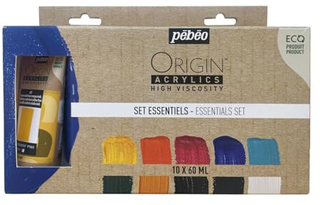Pébéo - Origin Acrylics - Essential Set 10x60 ml - Öko-Acrylfarbe - Matte Oberfläche - Bindemittel 100% recycelt - 96% Rohstoffe aus Europa - 10 Farben im Sortiment