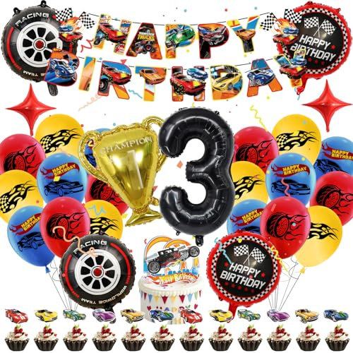 Luclay Fire Wheel Luftballons 3 Jahre Kinder Geburtstag Deko Mädchen - 40Pcs Geburtstagsdeko Hintergrund, Latexballons Tortendeko Geburtstag, Folienballon Racing Car für Party, Kindergeburtstage