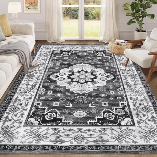 Enyhom Vintage Living Room Rug, 160 x 230cm Large Shaggy Soft Bedroom Area Carpet Rug Non Slip Short Pile Floor Mat Washable Distressed Kitchen Area Rug for Dining Room, Vintage Dark Grey