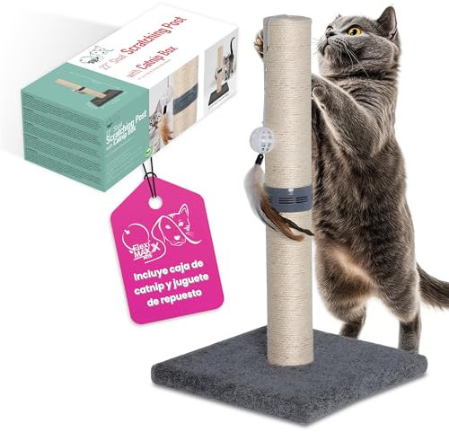 Grattoir Chat avec Catnip FLEXIMAXX Pets® Poste griffoir pour Chats Moyen Sisal de 30x30x54 cm, Griffoir pour Chat Beige et Gris