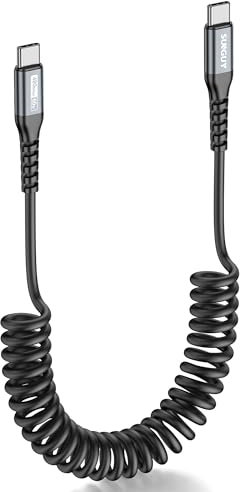 SUNGUY Spiralkabel USB C auf USB C, 1Stück 1.8M [Empfohlene Dehnlänge: 0.5m-1.2m] Android Auto 3A Schnellladekabel USB C Kabel Handy Ladekabel typ C Datenkabel für iPhone 17/16/15 Pro Max Galaxy, Grau