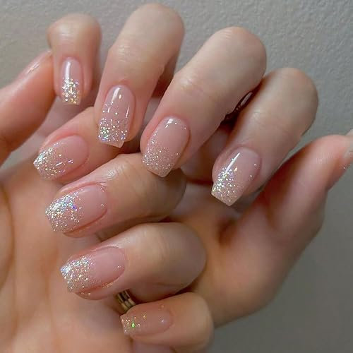 Lot de 24 faux ongles à coller dorés à paillettes - Courts et brillants - En acrylique - Couverture complète - Pour femmes et filles - Pour fête, maison, bricolage (paillettes dorées)