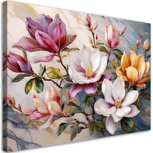 Feeby Wandbild - Wohnzimmer Modern Deko - Magnolien Farbige Blumen Marmor - 90x60 cm 1tlg - Bilder Leinwand - Bild auf Leinwand Schlafzimmer - Leinwandbilder für die Wand - Canvas Painting - Fotokunst