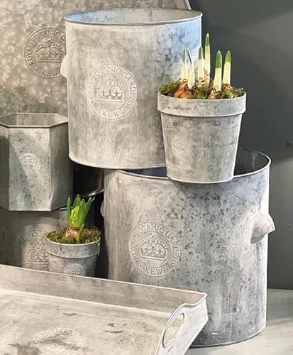 Zinc Tub 1x Metal Plant Pot, Individual Round Metal Garden Planter, Tin Pot for Plants, Rustic Flower Planter, Round Zinc Plant Pot, Flower Pot for Outdoors, Garden Pot Metal Storage Pot (Medium)