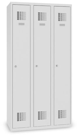 Steinbock Spind 3 Abteile | H180xB90xT50 cm | Lichtgrau | Drehriegelverschluss für Vorhängeschloss | Metallspind inkl. Einlegeboden, Kleiderstange, Namensschild | Schließfachschrank