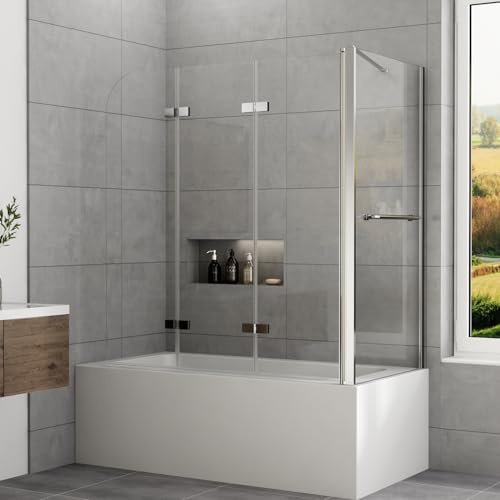 Duschwand für Badewanne 120x70x140cm 2-teilig Duschwand Faltwand mit 70 cm Seitenwand für Badewanne Faltbar Duschabtrennung Badewanne, 6 mm Sicherheitsglas (ESG)