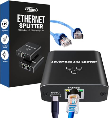 Premes - Internet Splitter - 2 Portar - Upp till 1 000 Mbps - från 1 till 2 - LAN, UTP, RJ45 - Nätverksdelare - UTP Splitter - Ethernet-splitter - Ethernet-switch - Nätverksomkopplare