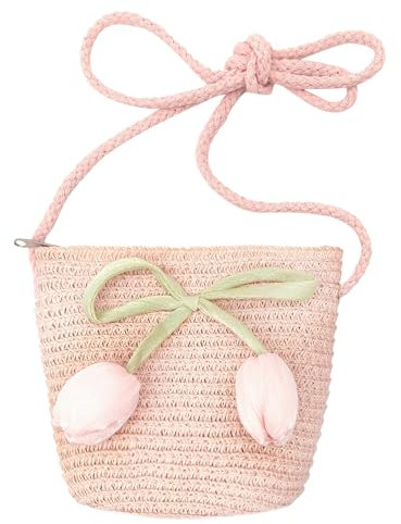 FOSDICK Boheme Sac Bandoulière en Paille, Sac a Main Petite Fille avec Tulipe, Mignonne Fleur Sac Paille Fille Ete, Crossbody Bag Osier de Plage, Cadeau Petite Filles