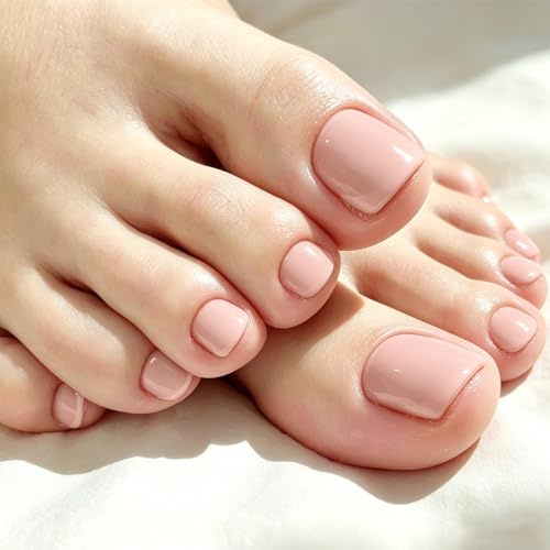 Press on Toes Nails Kit Short Square, 24pcs Solid Color Fake Nude Pink ToeNails, Cute Toe Press on Nails for Women, Summer Glossy Gel ToeNails Acrylic for Decoration