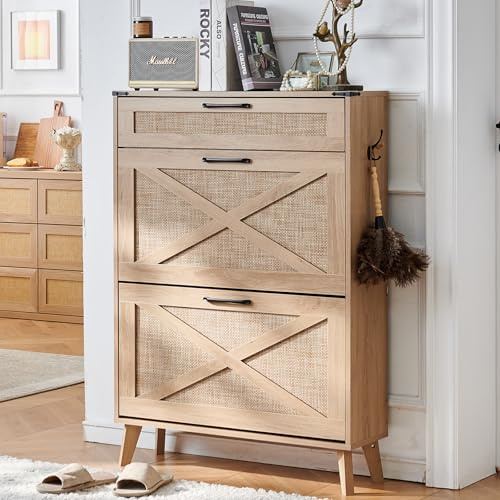LELELINKY Rattan Slim Narrow Shoe Storage with 2 Flip Drawers, Natural | Boho, 16-20 Pairs Shoes, Hidden Shoe with Wood Legs , Large Drawers, for Entryway, Hallway, 31.5'' W X 9.44'' D X 45.47''H