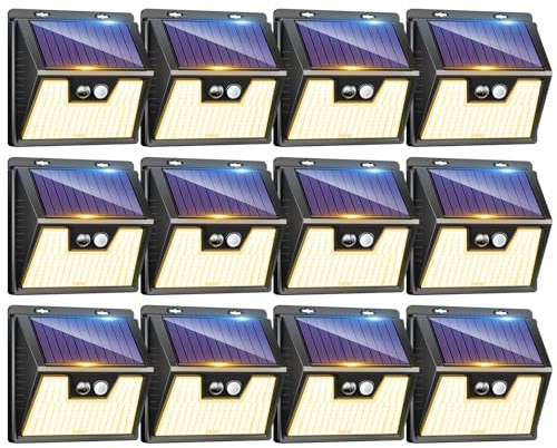 LOTMOS 12 Stück Solarlampen für Außen mit Bewegungsmelderm, Warmes Weiß | 3 Modi Solar Lampe Outdoor, 176 Superhelle LED Solarleuchten für Aussen für Garten Garage Hof Draußen, IP65 Wasserdichte