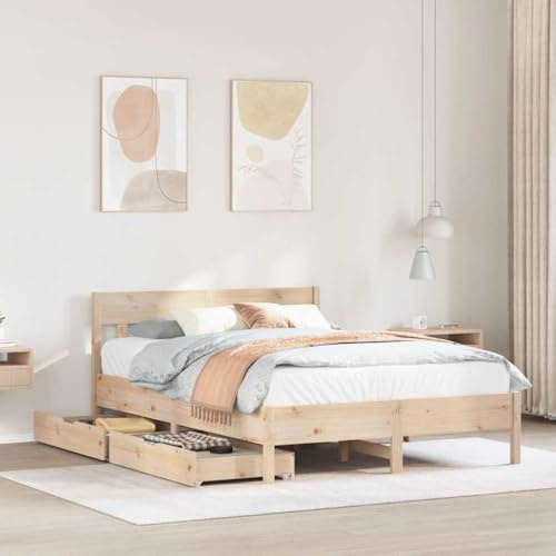 HaoChrymec Massivholzbett mit Kopfteil und Schubladen, Aus Kiefernholz, Stabiler Lattenrost, Stauraumfunktion, einzelbett, bettrahmen, Für Schlafzimmer & Jugendzimmer, Naturholz, 120x200 cm