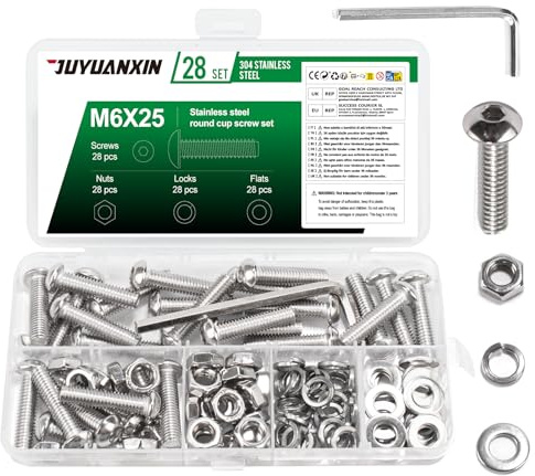 28 Set M6 x 25 mm Schrauben Set, Linsenkopfschrauben Muttern Set, Edelstahl Rundkopf Innensechskantschrauben mit Muttern Sets, Maschinenschrauben Gewindeschrauben Sets und Unterlegscheiben