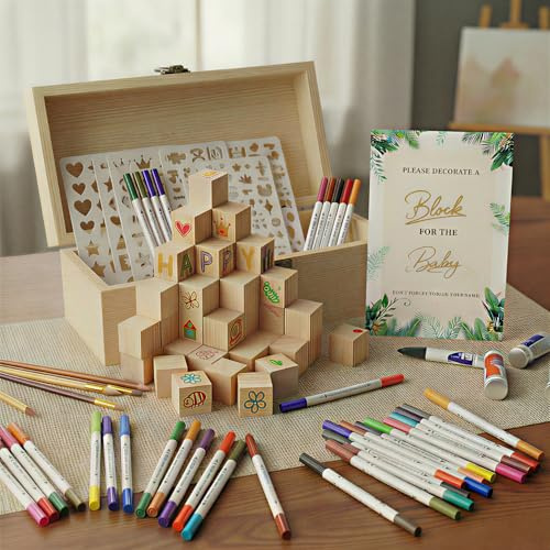 Babyparty Spiele –81 Stück Das Lustigste Kreative Gästebuch zum Bemalen – Baby Shower Aktivität mit Holzblöcken, Stiften & Schablonen – Geschenk-Idee für Junge, Mädchen