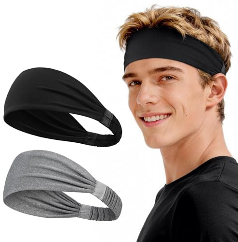 Awumbuk Fascia Capelli Uomo, Antiscivolo Traspirante Fascia Per Capelli Sport, Elastica Antisudore Unisex Headband Per Running Ciclismo Yoga Fitness, Nero E Grigio 2 Pezzi