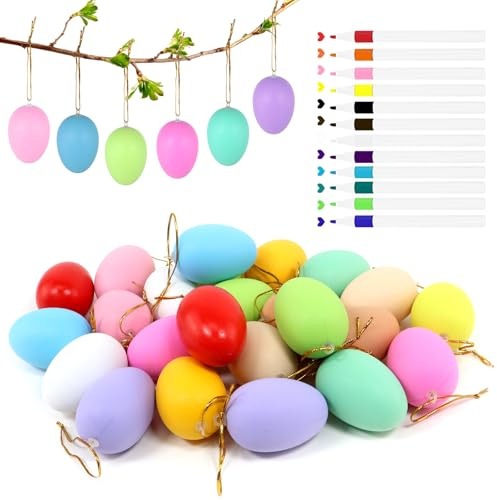 mellystore - Lot de 24 œufs de Pâques à suspendre - En plastique coloré - Décoration de Pâques - Œufs en plastique à suspendre et à décorer - Pour la décoration de Pâques en extérieur et en intérieur