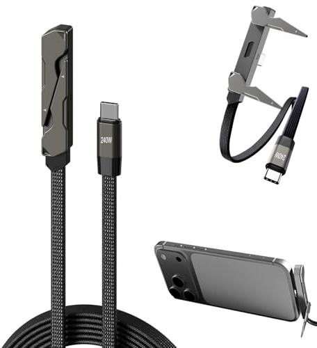 Superschnelles Ladekabel mit Ständer 2M, 2-in-1-Ladekabel mit Unsichtbarer Halterung und Ständer, 240 W Schnellladekabel mit Integriertem Handy-Ständer für Gaming, Büro und Reisen, kompatibel (C-C)