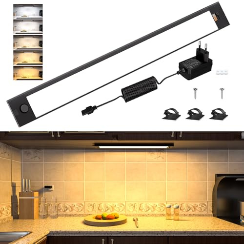 WOBANE Luz LED Cocina Bajo Mueble Enchufable, Regulable Luces Gabinete 42cm | 5 Temperaturas de Color, para Interior, Armarios, Estantería, Escritorio, Encimera cocina, Lavanderías, 24V, Negro