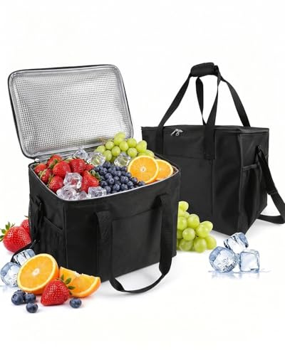 40L Insulated Cooler Bag, Foldable Leakproof Thermal Food Cooler with Reinforced Handles and Mesh Pockets, Large Capacity Soft Cool Bag for Camping, Picnic, BBQ, Travel and Shopping