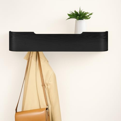 ARATERVIO Wandgarderobe mit 5 Haken und Ablagebrett, Garderobenleiste aus Holz in Modernem Design, Stabile Wandgarderobe mit 30kg Tragkraft für Flur, Schlafzimmer und Wohnung(Schwarz)