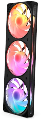 NZXT F360 RGB Reverse - 360mm Single-Frame Reverse Fan - Black | 360mm single-frame unit with three 120mm reverse-blade PWM RGB fans. Clean airflow for show-side builds.