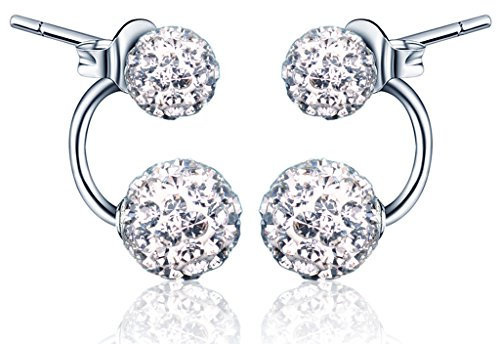 Yumilok Pendientes de plata de ley 925 con doble bola de cristal, hipoalergénicos, para mujeres, niñas, Plata de ley Cristal, Crystal