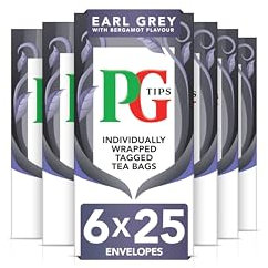 PG Tips Earl Grey Tea Bags, Individually Wrapped, 25 Black Tea Enveloped Bags, With Bergamot Flavour, Refreshing & Flavourful, Bulk Pack of 6 (Total 150 Bags)