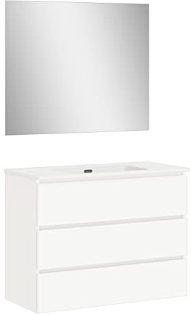Baikal | Conjunto Completo de Mueble de Baño Suspendido a la Pared con Lavabo Cerámico y Espejo | Tres Cajones, Cierre Amortiguado, Melamina 16mm | Mueble MONTADO | Blanco Mate | 100cm