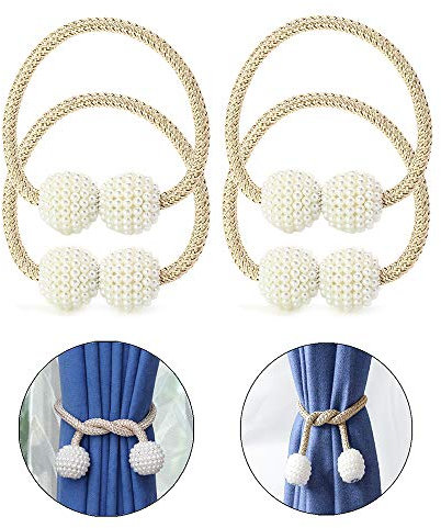 BuxiuGK 4 Stück Magnetische Vorhang Raffhalter,Perle Kugel Vorhang Clips Seil für Hause Büro Hotel Fensterdekoration,Beige