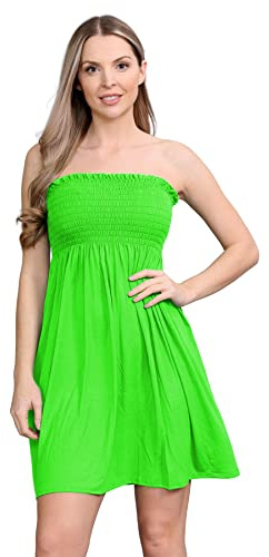 janisramone® Womens Bandeau Dress, Boob Tube Sheering Ruched Flared Mini Dress, Plain Strapless Summer Dresses, Perfect Holiday & Beach Dresses for Women UK Neon Green