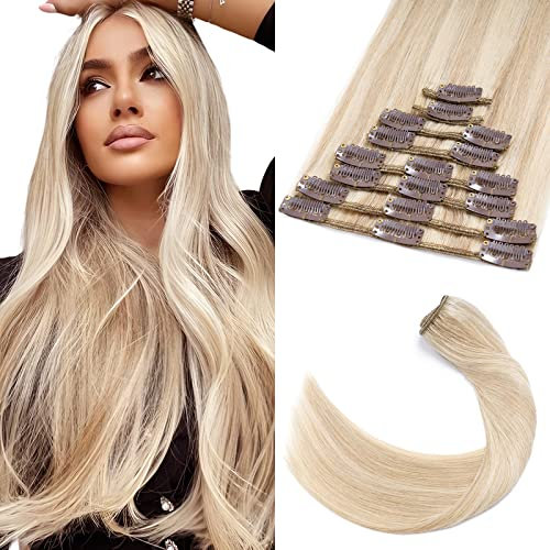 Elailite Clip in Extensions Echthaar Bayalage -(8 Teiliges Set 18 Clips Haarverlängerung Echthaar Clip) - glatt, 20cm 45g #18/613 Aschblond＆Gebleichtes Blond