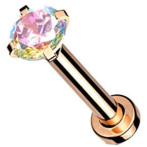 Piercing Labret Monroe en Acier Chirurgical 316 L Argenté et Oxyde de Zirconium - Zircon Rond Serti Quatre Griffes - Goujon à Fond Plat et Filetage Intérieur - 8 mm - (Or Rosé / Aurore Boréale, 2)