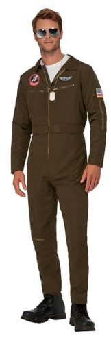 Smiffys Top Gun Maverick Men's Aviator Costume, Adults Green Jumpsuit & Changeable Name Badges, Official License Outfit with Zip Detail on Front, Badges & Zip, Official Top Gun Halloween Fancy Dress