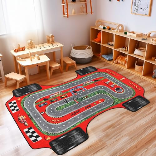 Carpettex Kinderteppich rutschfest | Rennstrecke und Rennwagen Design 100 x 150 cm | Kein Abwurf | Kurzflor und Waschbarer Spielteppich für Kinderzimmer für Mädchen und Jungen | Rot, Auto
