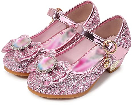 Eleasica Princesa Elsa Zapatos para Niña Frozen Tacón Altos Regalo Sandalias de Vestir Antideslizante Punta Cerrada Zapatos de Disfraz Boda Ceremonia Zapatos de Vestir,Rosa,32