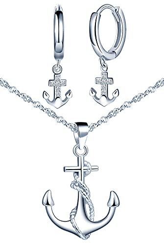 Yumilok Schmuckset für Damen Halskette & Ohrringe Set Anker Kette Ohrstecker in 925 Sterling Silber Creolen Ohrhänger für Mädchen