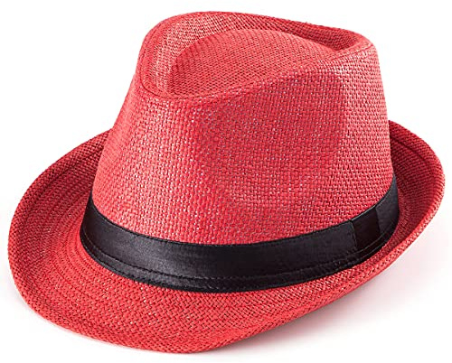 LADYBRO Sommer Stroh Trilby Hut für Herren 1920er Kurze Krempe Fedora Hut, 58cm, Rot
