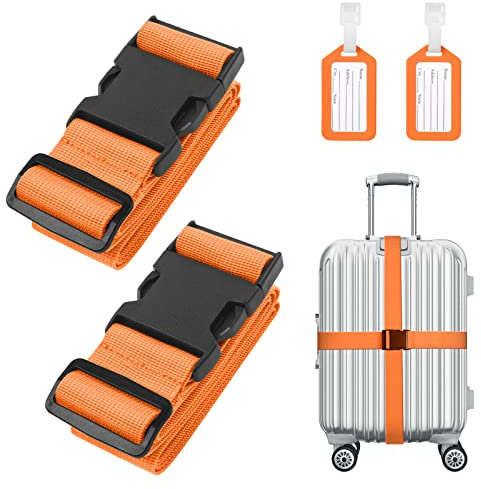 Flintronic 2-Stück Premium Gepäckgurt Koffergurt Kofferband Einstellbare rutschfest Gepäckband Lang kofferbänder Luggage Strap + 2 Stück Kofferanhänger Sicher Reisen für Koffer - Orange