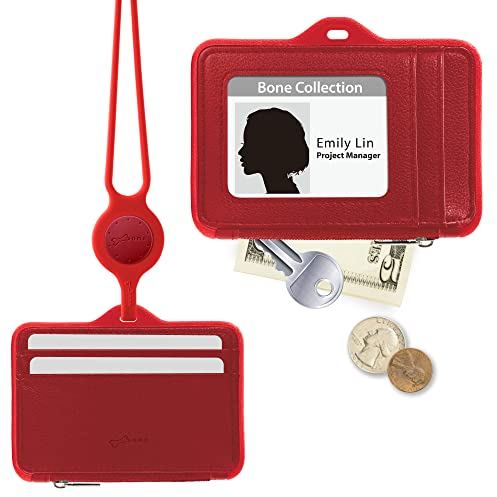 Bone Kartenhalter Ausweis, Schlüsselband Ausweishülle mit Band, 4 Karten Ausweishülle mit Leder, Kleines Portemonnaie Damen, Zipper Card Holder, Lanyard Wallet Echtes Leder - Horizontal (Rot)