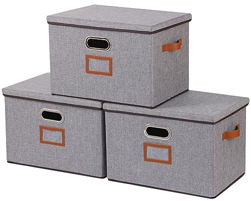 OUTBROS Aufbewahrungsbox mit Deckel und Griff, Faltbarer Stoffboxen mit Etikettentasche, Boxen Aufbewahrung für Kleidung, Bücher, 45 x 30 x 30 cm Grau 3 Stück