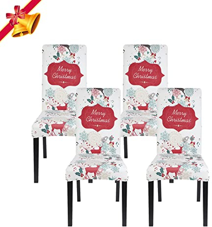 Jaotto Stuhlhussen Weihnachten 4er Set Universal, Stretch Moderne Stuhlhusse für Schwingstühle, Elastische Langlebig für Feiertagsdekoration (Sahne/Xmas, 4 Stück)
