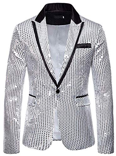Herren Shiny Pailletten Anzug Sakko Glitzer Pailletten Anzugjacke Slim Fit Herrenmode Blazer Geschenk Herren Outerwear Sakko Reverskragen Der MäNner HüBsche Jacken-Blazer FüR Nachtklub, (Silver, XXL)