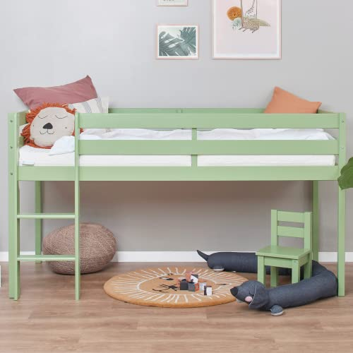 Hoppekids ECO Comfort Hochbett | 90x200 mit Lattenrost und Kaltschaummatratze | Blasses Grün | Das Nordische Umweltzeichen | TÜV-Zertifiziert | FSC®-zertifiziertes massives Kiefernholz