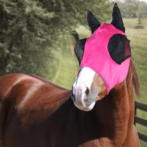 Horses, Masque en Lycra avec Filet pour Les Yeux, Masque Anti-Mouches Léger et Respirant, N’Entrave Pas Le Champ de Vision du Cheval, Protection des Yeux et des Oreilles (Full, Rose)