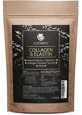 Luondu® Collagen Pulver mit Elastin, Hyaluronsäure & Vitamin C - Bioaktive Kollagen Hydrolysat Peptide Type I, II & III - Optimale Löslichkeit & Bioverfügbarkeit - Neutral - 500g